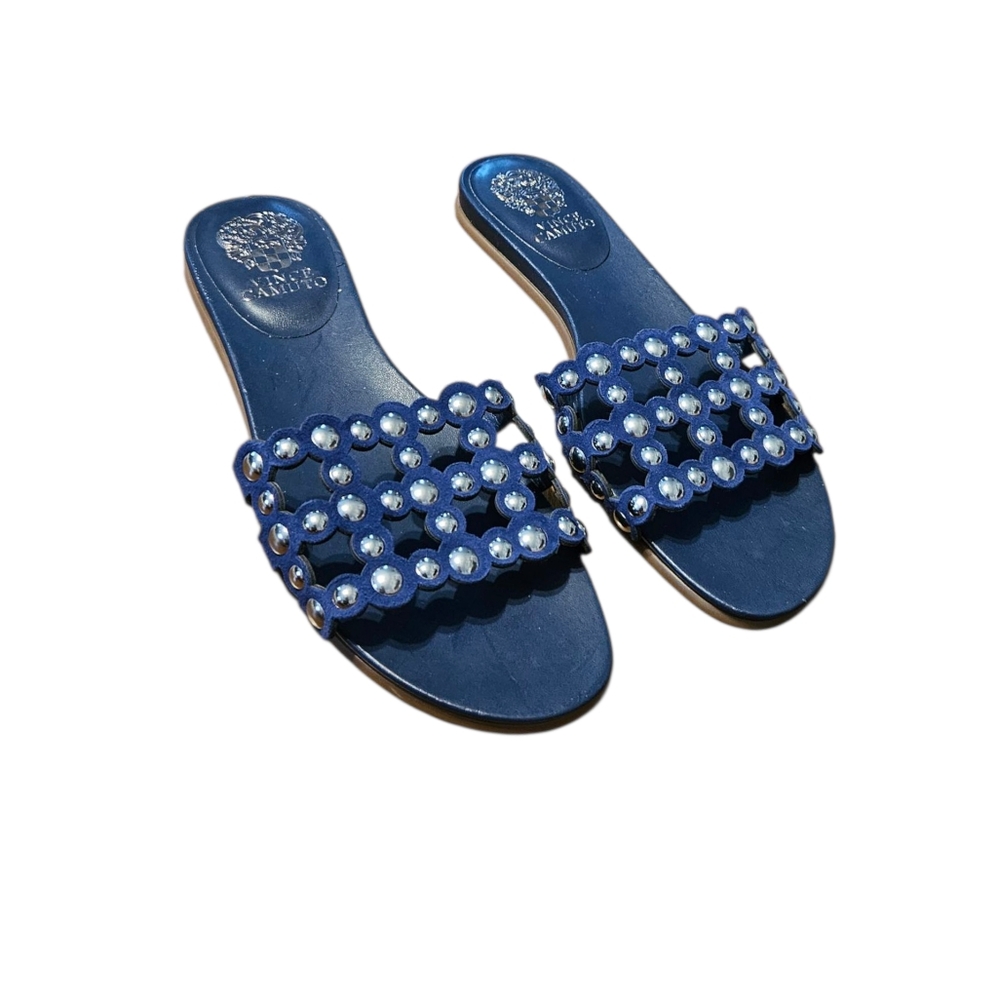 Vince Camuto Women's  Leather Studded Slide Sandals Ellanna Navy blue Size 8W
